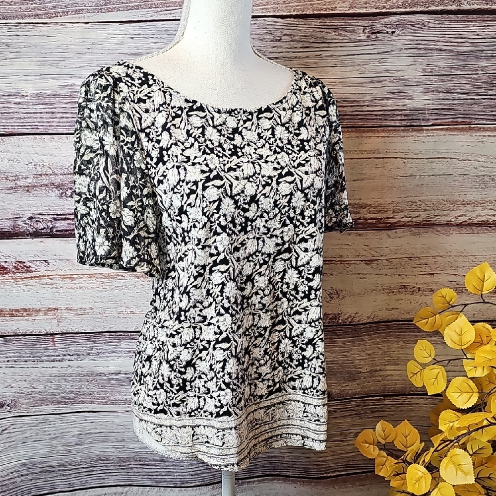NEW LUCKY BRAND FLORAL SHEER FLUTTER SLEEVE PULLOVER TOP TUNIC
